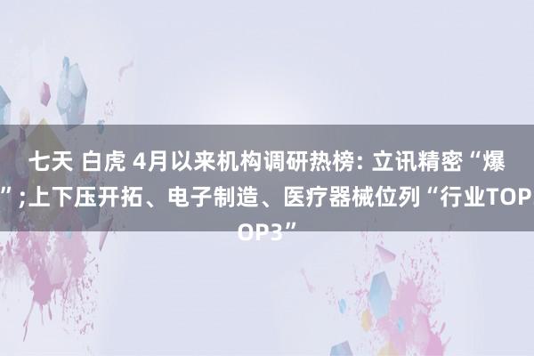 七天 白虎 4月以来机构调研热榜: 立讯精密“爆表”;上下压开拓、电子制造、医疗器械位列“行业TOP3”